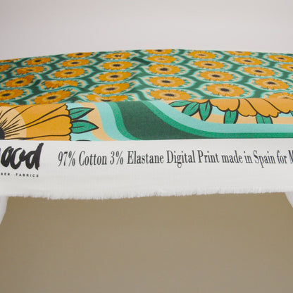 Stretch Cotton Sateen - Yellow and Teal Floral Ogees - Sunrise Divine Print - Mood Exclusive Groove Collection
