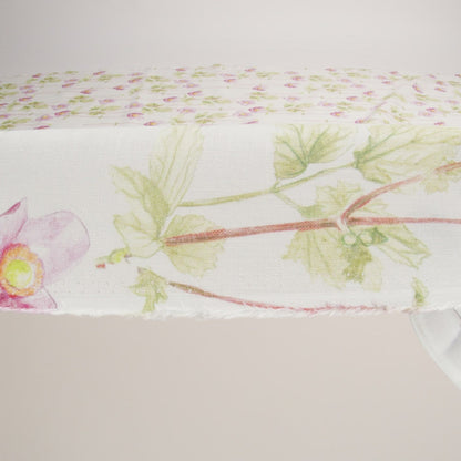 Pink, Green and White Anemone Flower Medium Weight Linen Woven