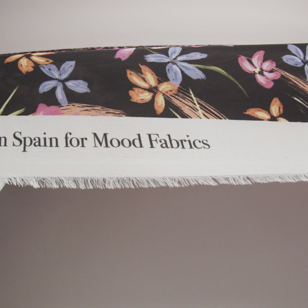 Polyester Charmeuse Print - Black, Pink and Blue Floral - Mood Exclusive In the Wind