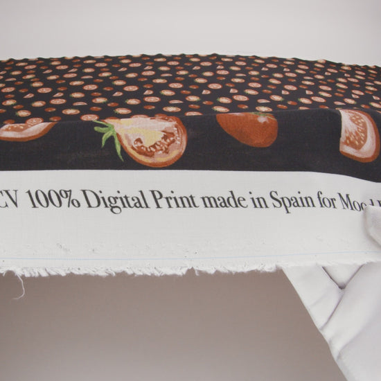 Sustainable Viscose Woven Print - Jet Set Black and Red Tomatoes - Mood Exclusive Homegrown Haute Couture