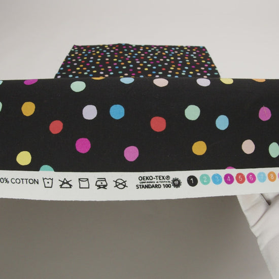 Printed Quilting Cotton by Ghazal Razavi for FIGO Studio - Black and Rainbow Pom Poms - Dusk Collection