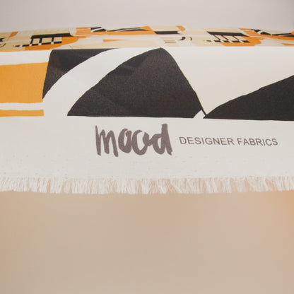 Heavy Silk Satin-Faced Organza, Made in Italy - Off White, Golden Yellow and Black Abstract