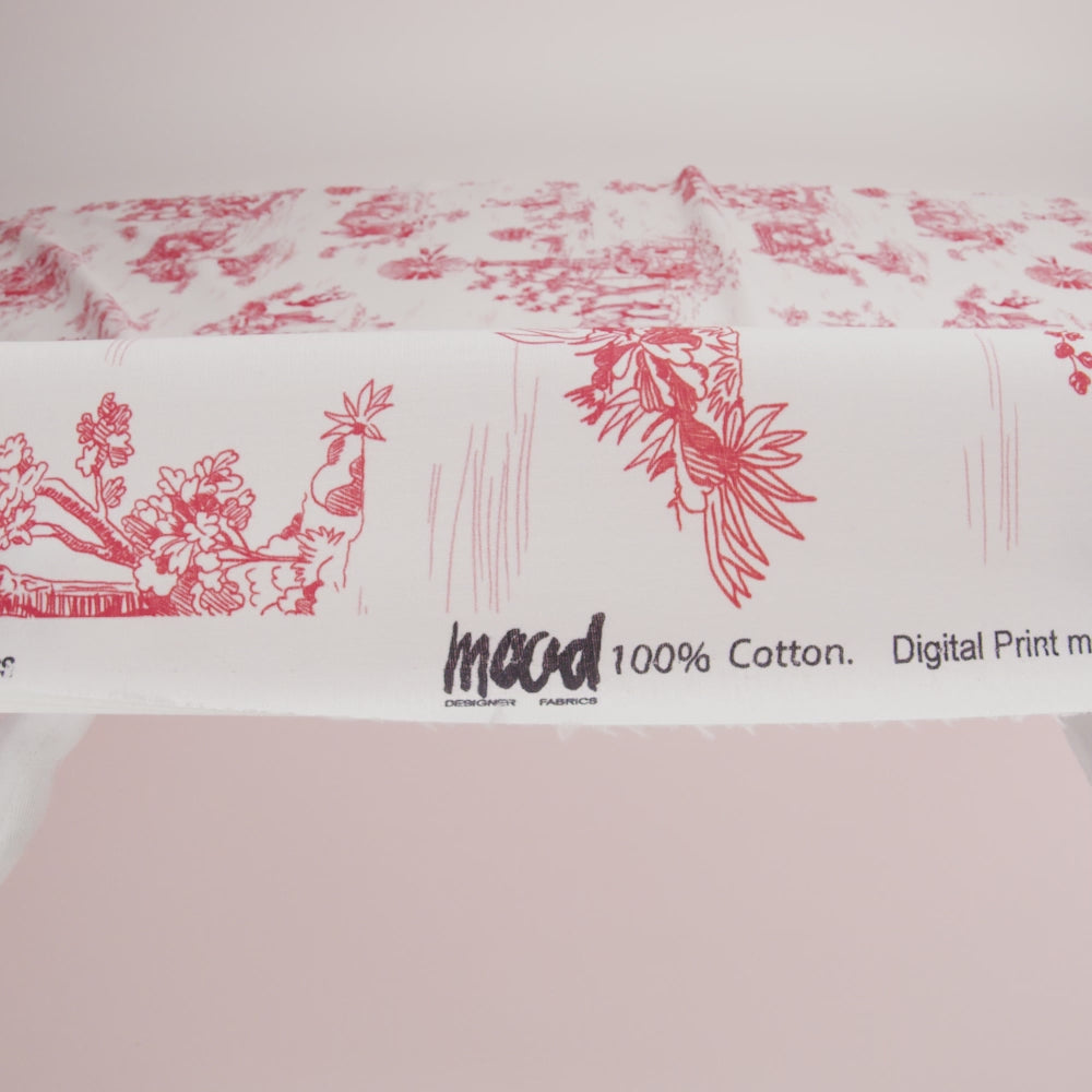 Cotton Voile - Cherry Tomato and White Classic Toile de Jouy