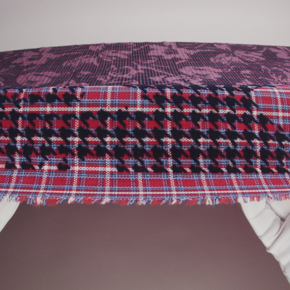 Navy, Red and White Negative Space Florals in Flocked Houndstooth on Plaid Rustic Cotton and Polyester Woven - Image 6 of 6