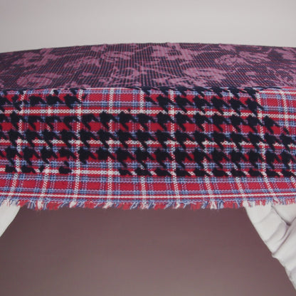 Navy, Red and White Negative Space Florals in Flocked Houndstooth on Plaid Rustic Cotton and Polyester Woven