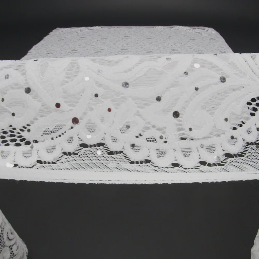 Stretch Raschel Lace with Metallic Spots - Silver and Ivory Fancy Leaves and Flowers