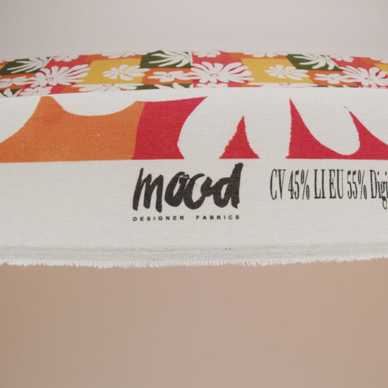 Linen and Rayon Woven - Dark Green, Red Orange and Yellow Floral Patchwork Blocks - Mood Exclusive Blooming Blocks Print
