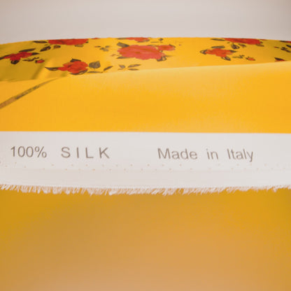 Silk Charmeuse Print 16MM, Made in Italy - Golden Yellow and Red Scattered Roses