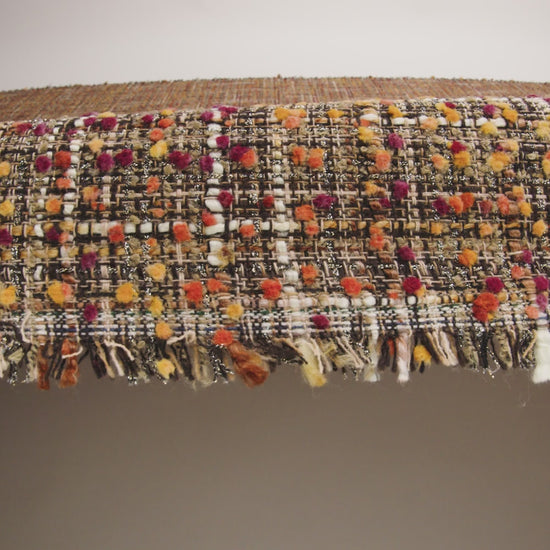 Polyester Tweed with Mini Pom Poms - Dark Brown, Yellow Ochre and Burgundy Tweed