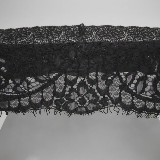 Corded Raschel Lace Panel with Finished Edges - Black All-Over Flowers and Leaves