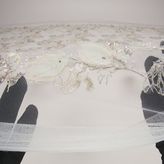 Embroidered and Beaded Tulle with 3D Fabric Flowers - Light Gray, Seafoam and Cream Leafy Arrangements