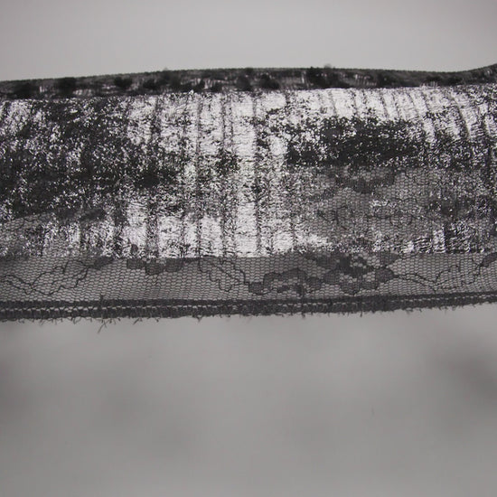 Foiled Plisse Lace with Beaded and Embroidered 3D Fabric Flowers and Leaves - Black and Silver Floral
