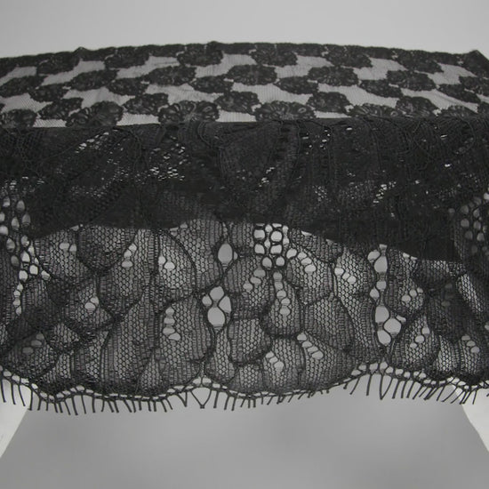 Corded Raschel Lace Panel with Finished Edges - Black Big Flowers on Diamond Net
