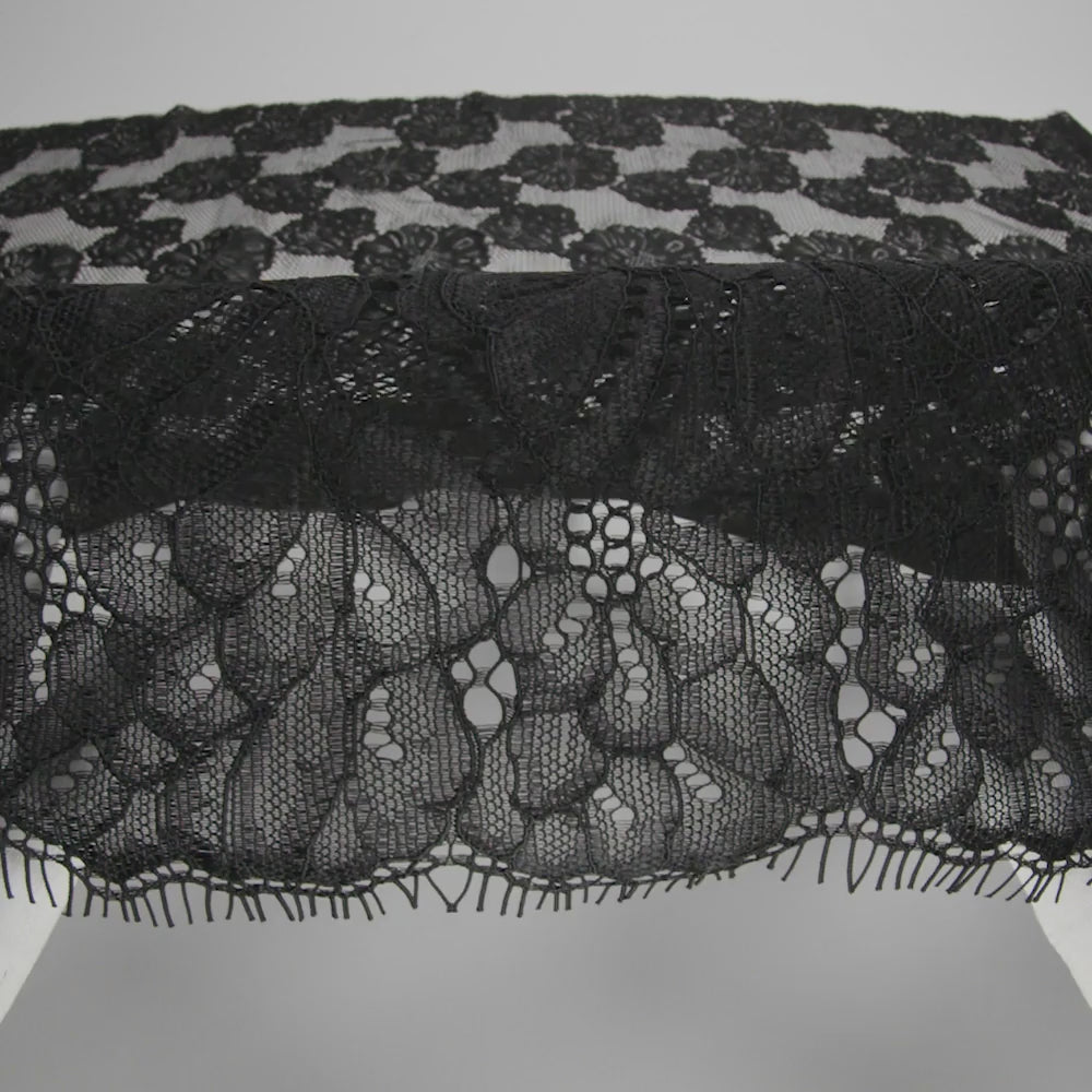 Corded Raschel Lace Panel with Finished Edges - Black Big Flowers on Diamond Net