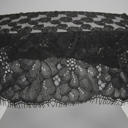 Corded Raschel Lace Panel with Finished Edges - Black Big Flowers on Diamond Net