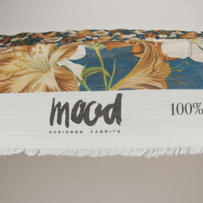 Crinkled Cotton Gauzy Woven - Phthalo Blue, Burnt Orange and Cream Floral - Mood Exclusive Trellis Tango Print