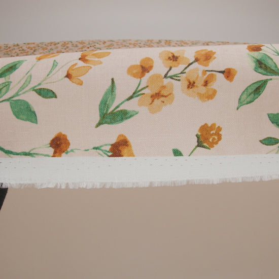 Medium Weight Linen Woven Print - Peach, Orange and Emerald Green Little Flower Bunches