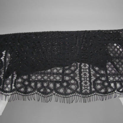 Raschel Lace Panel with Finished Edges - Black Geometric Rows of Windows