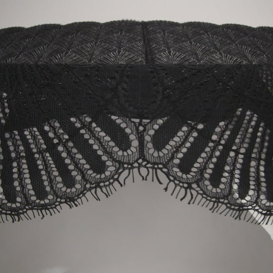 Corded Raschel Lace Panel with Finished Edges - Black Fan Palm Scallops