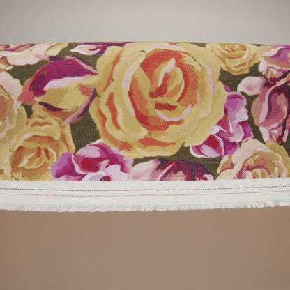 Medium Weight Linen Woven Print - Mustard Yellow, Magenta Pink and Dark Olive Green Roses