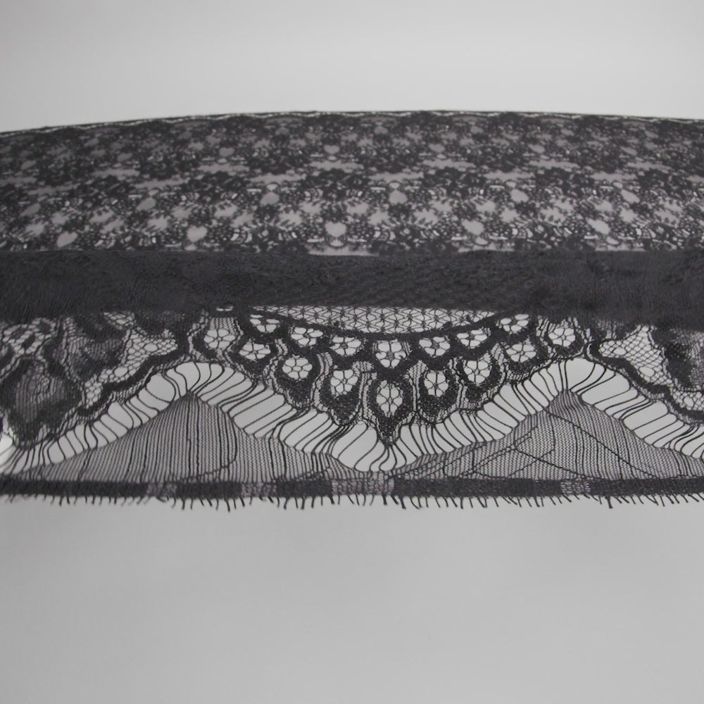 Luminous Re-Embroidered Lace - Black Floral and Paisley with Scalloped Border