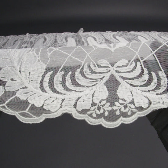 Embroidered Lace Tulle with Finished Scalloped Edges - Off White Fern Leaves, Plants and Spider Webs