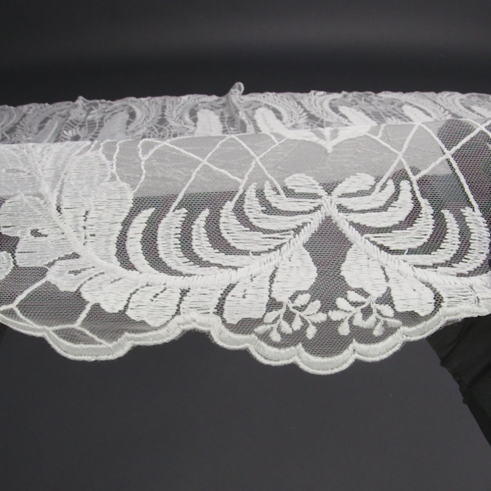 Embroidered Lace Tulle with Finished Scalloped Edges - Off White Fern Leaves, Plants and Spider Webs