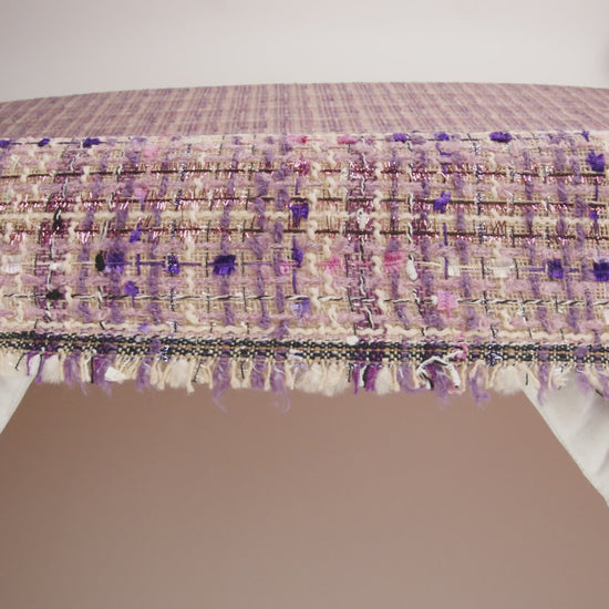 Polyester Tweed with Eyelash Fringe - Beige, Purple and Pink Striated Plaid