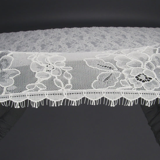 Luminous Re-Embroidered Lace with Finished Scalloped Edges and Eyelash Fringe - Bright White Floral Scallops