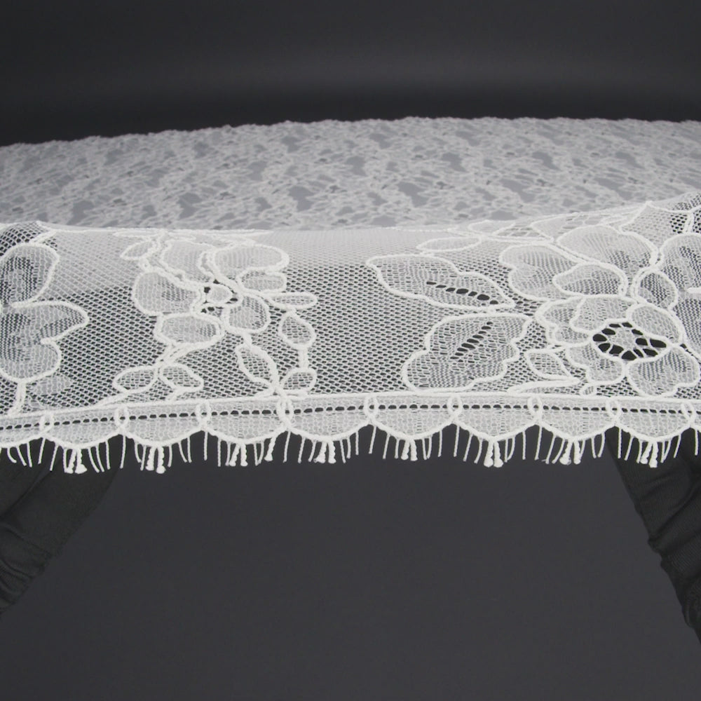 Luminous Re-Embroidered Lace with Finished Scalloped Edges and Eyelash Fringe - Bright White Floral Scallops
