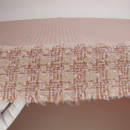 Polyester Metallic Tweed with Eyelash Fringe - Pale Pink, Beige and Tan Houndstooth