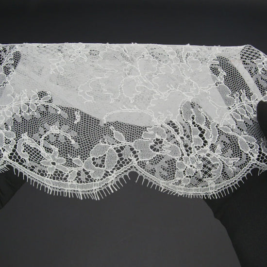 French Chantilly Lace with a Finished Scalloped Edge by Solstiss - Greige Dreamy Floral Bouquets