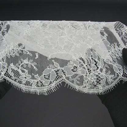 French Chantilly Lace with a Finished Scalloped Edge by Solstiss - Greige Dreamy Floral Bouquets