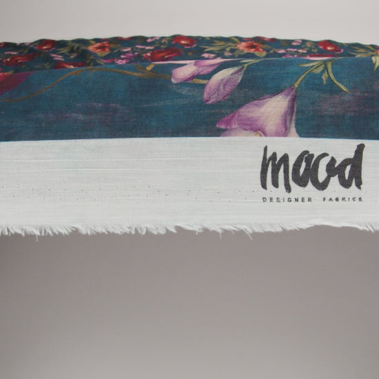 Crinkled Cotton Gauzy Woven - Dark Cobalt, Wine Red and Green Floral - Mood Exclusive Romantic Nights Print