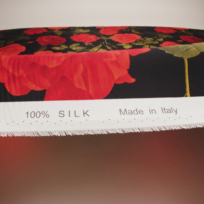 Silk Charmeuse Print 16MM, Made in Italy - Black, Red and Olive Green Roses and Stems
