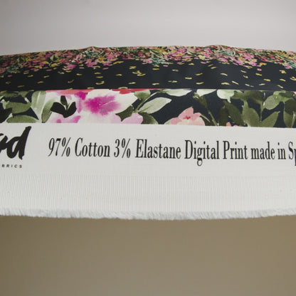 Stretch Cotton Sateen - Navy Floral Border - Blooming Upwards Print - Mood Exclusive Serengeti Collection