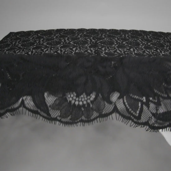 Raschel Lace Panel with Finished Edges - Black Bold Daisies and Leaves
