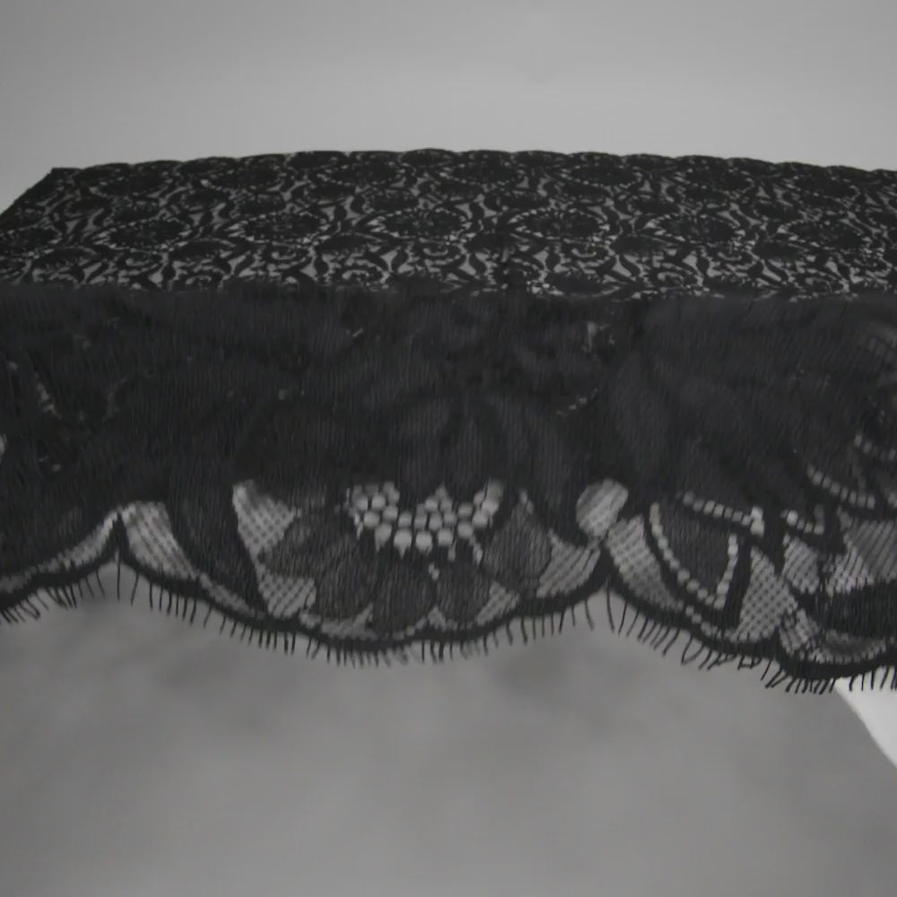 Raschel Lace Panel with Finished Edges - Black Bold Daisies and Leaves