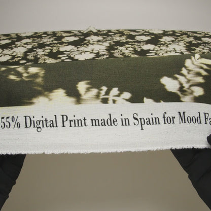 Linen and Rayon Woven - Forest Green and Off White Ikat-Like Floral Silhouettes - Mood Exclusive Dahlia Daydreams Print