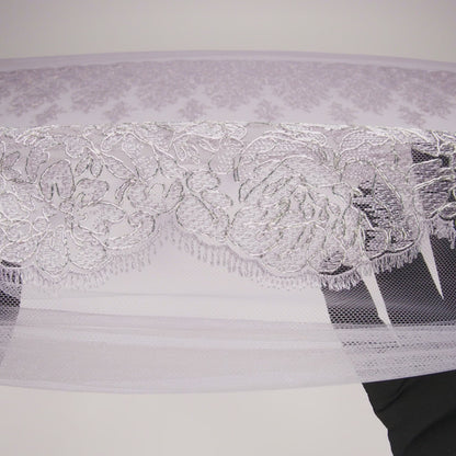 Corded Embroidered Tulle Lace with Scalloped Borders - Lilac and Silver Floral