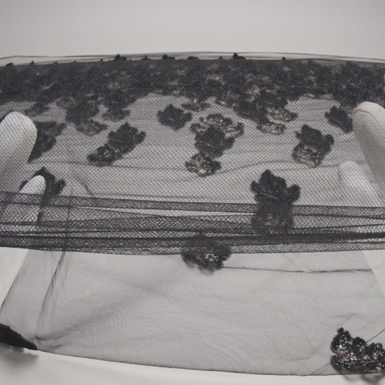 Embroidered and Beaded 3D Applique Tulle - Black, Silver and Navy Blue Luminous Leaves