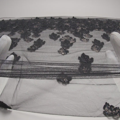 Embroidered and Beaded 3D Applique Tulle - Black, Silver and Navy Blue Luminous Leaves