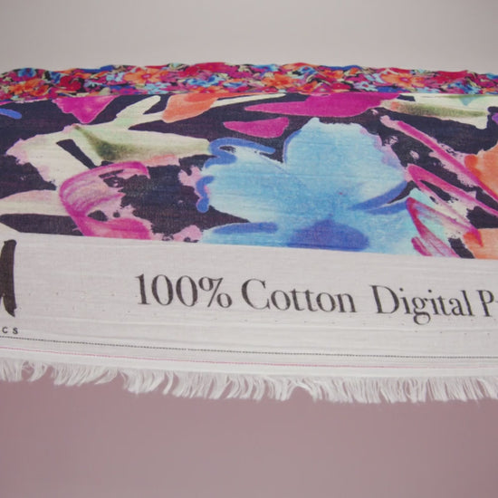 Crinkled Cotton Gauzy Woven - Hot Pink, Ultramarine Blue and Orange Floral - Mood Exclusive Electric Garden Print