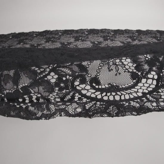 Luminous Re-Embroidered Lace with Finished Scalloped Edges - Black Floral and Diamond Lattices