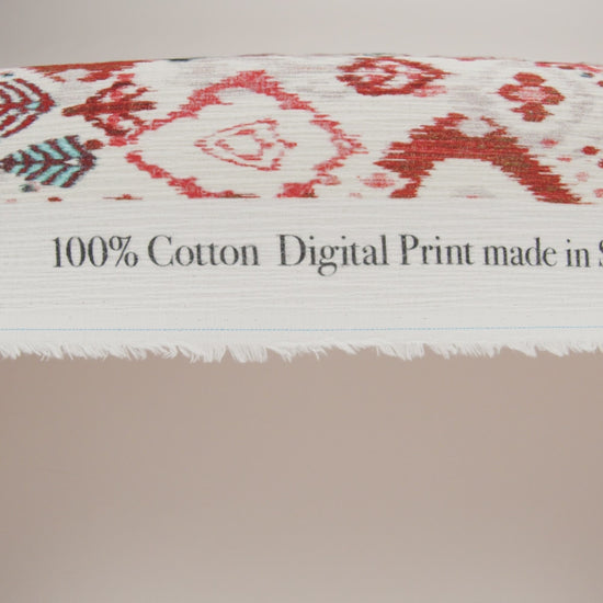 Slubbed Gauzy Cotton Woven - Coral Red, Dark Blue and Light Gray Ikat Leaves and Swirls - Mood Exclusive Fanciful Fairy Print