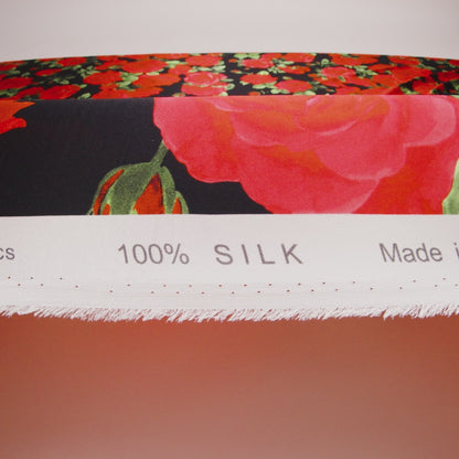Silk Charmeuse Print 16MM, Made in Italy - Black, Red and Green Bunches of Roses
