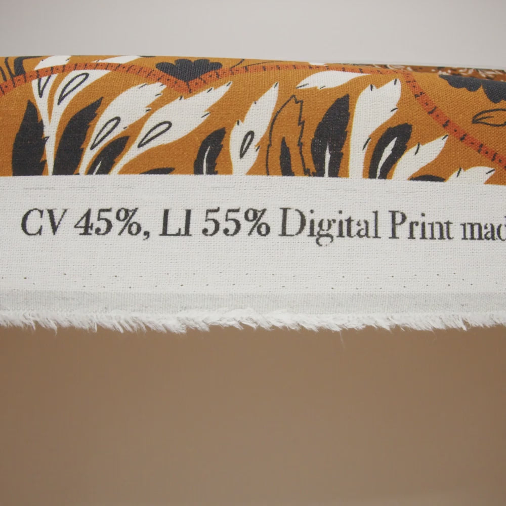 Linen and Rayon Woven - Burnt Orange, Black and White Palm Tree Stripes - Mood Exclusive Palm Prestige Print