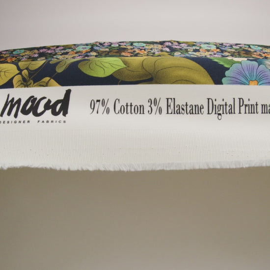 Stretch Cotton Sateen - Green and Blue Floral - Narcissus' Reflection Print - Mood Exclusive Gaia Collection