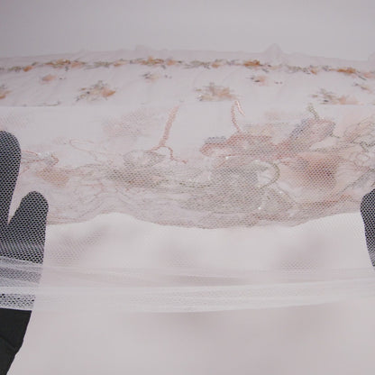 Embroidered and Beaded Tulle with 3D Fabric Flowers - Pale Pink, Peach and Gray Bold Blossoms