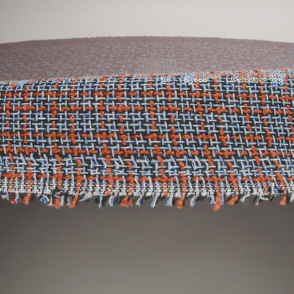 Polyester Tweed with Sequins - Sky Blue, Orange and Navy Plaid with Gold and Sky Blue Sequined Animal Spots
